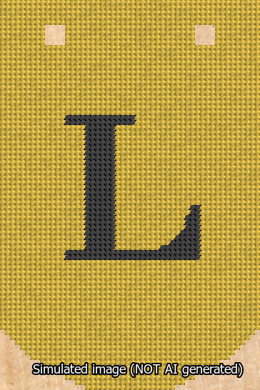 A simulated image of the stitched needlepoint design: Banner 13m Curved L Black on Yellow. Not A.I. generated.