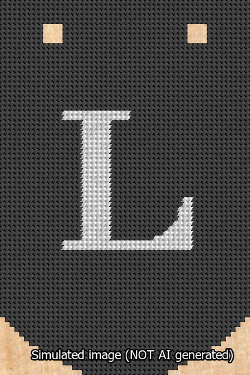 A simulated image of the stitched needlepoint design: Banner 13m Curved L White on Black. Not A.I. generated.