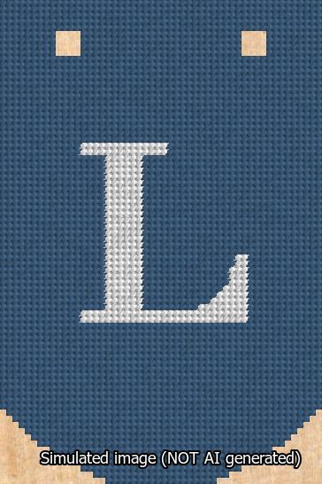 A simulated image of the stitched needlepoint design: Banner 13m Curved L White on Blue. Not A.I. generated.