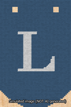 A simulated image of the stitched needlepoint design: Banner 13m Curved L White on Blue. Not A.I. generated.
