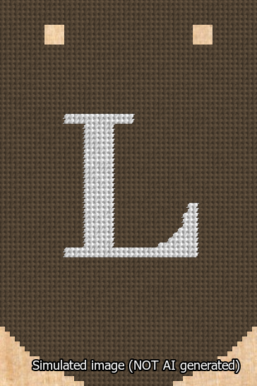 A simulated image of the stitched needlepoint design: Banner 13m Curved L White on Brown. Not A.I. generated.