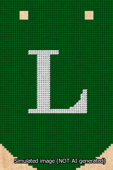 A simulated image of the stitched needlepoint design: Banner 13m Curved L White on Green. Not A.I. generated.