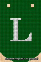 A simulated image of the stitched needlepoint design: Banner 13m Curved L White on Green. Not A.I. generated.