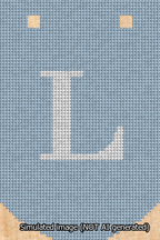 A simulated image of the stitched needlepoint design: Banner 13m Curved L White on Light Blue. Not A.I. generated.