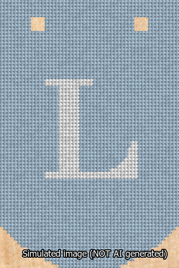 A simulated image of the stitched needlepoint design: Banner 13m Curved L White on Light Blue. Not A.I. generated.