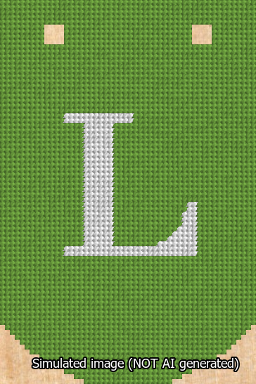 A simulated image of the stitched needlepoint design: Banner 13m Curved L White on Light Green. Not A.I. generated.