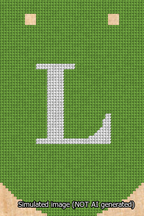 A simulated image of the stitched needlepoint design: Banner 13m Curved L White on Light Green. Not A.I. generated.