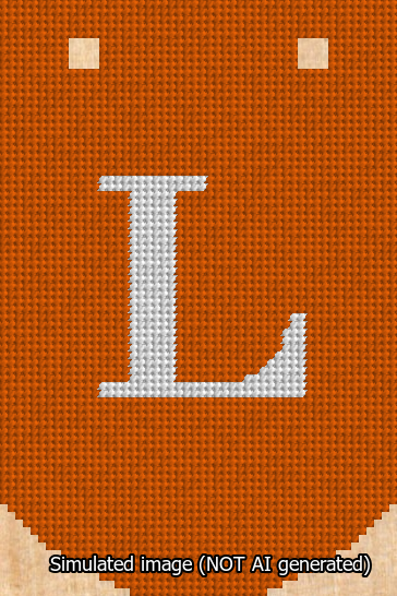 A simulated image of the stitched needlepoint design: Banner 13m Curved L White on Orange. Not A.I. generated.