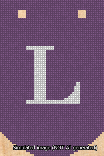 A simulated image of the stitched needlepoint design: Banner 13m Curved L White on Purple. Not A.I. generated.