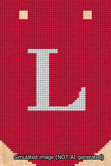 A simulated image of the stitched needlepoint design: Banner 13m Curved L White on Red. Not A.I. generated.