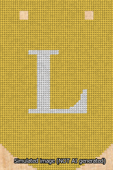A simulated image of the stitched needlepoint design: Banner 13m Curved L White on Yellow. Not A.I. generated.