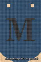 A simulated image of the stitched needlepoint design: Banner 13m Curved M Black on Blue. Not A.I. generated.