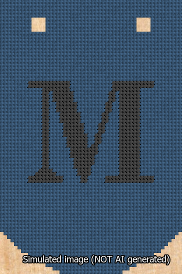 A simulated image of the stitched needlepoint design: Banner 13m Curved M Black on Blue. Not A.I. generated.