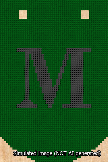 A simulated image of the stitched needlepoint design: Banner 13m Curved M Black on Green. Not A.I. generated.