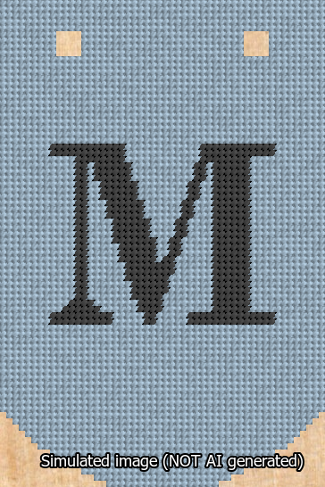 A simulated image of the stitched needlepoint design: Banner 13m Curved M Black on Light Blue. Not A.I. generated.