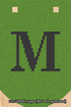 A simulated image of the stitched needlepoint design: Banner 13m Curved M Black on Light Green. Not A.I. generated.