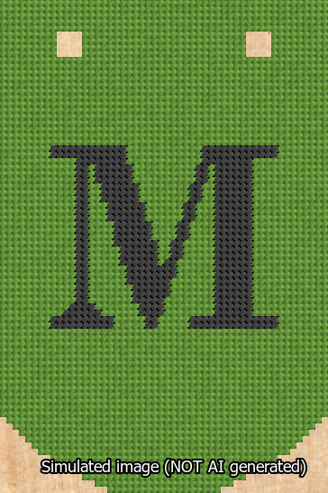 A simulated image of the stitched needlepoint design: Banner 13m Curved M Black on Light Green. Not A.I. generated.
