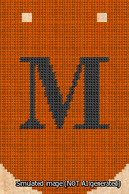 A simulated image of the stitched needlepoint design: Banner 13m Curved M Black on Orange. Not A.I. generated.