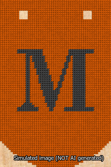 A simulated image of the stitched needlepoint design: Banner 13m Curved M Black on Orange. Not A.I. generated.