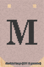 A simulated image of the stitched needlepoint design: Banner 13m Curved M Black on Pink. Not A.I. generated.