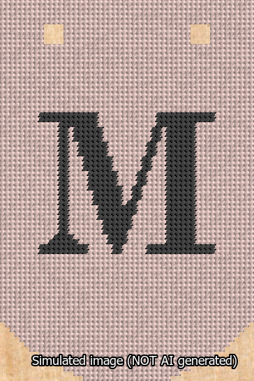 A simulated image of the stitched needlepoint design: Banner 13m Curved M Black on Pink. Not A.I. generated.