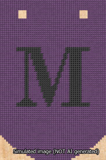 A simulated image of the stitched needlepoint design: Banner 13m Curved M Black on Purple. Not A.I. generated.
