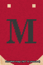 A simulated image of the stitched needlepoint design: Banner 13m Curved M Black on Red. Not A.I. generated.
