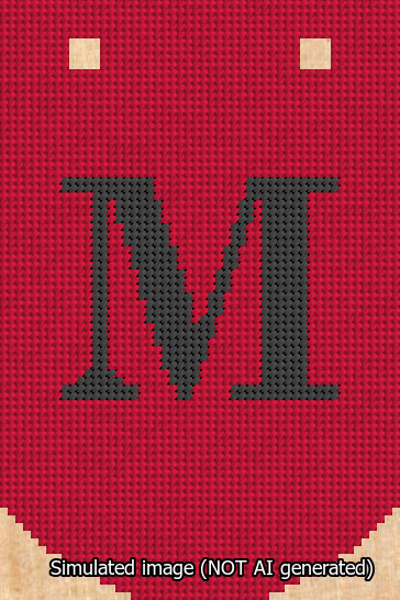 A simulated image of the stitched needlepoint design: Banner 13m Curved M Black on Red. Not A.I. generated.