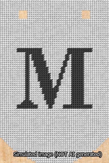 A simulated image of the stitched needlepoint design: Banner 13m Curved M Black on White. Not A.I. generated.