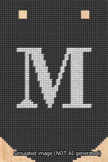 A simulated image of the stitched needlepoint design: Banner 13m Curved M White on Black. Not A.I. generated.