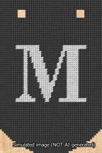 A simulated image of the stitched needlepoint design: Banner 13m Curved M White on Black. Not A.I. generated.