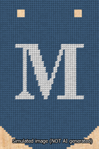 A simulated image of the stitched needlepoint design: Banner 13m Curved M White on Blue. Not A.I. generated.