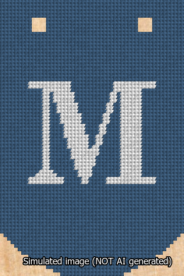 A simulated image of the stitched needlepoint design: Banner 13m Curved M White on Blue. Not A.I. generated.