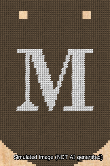 A simulated image of the stitched needlepoint design: Banner 13m Curved M White on Brown. Not A.I. generated.