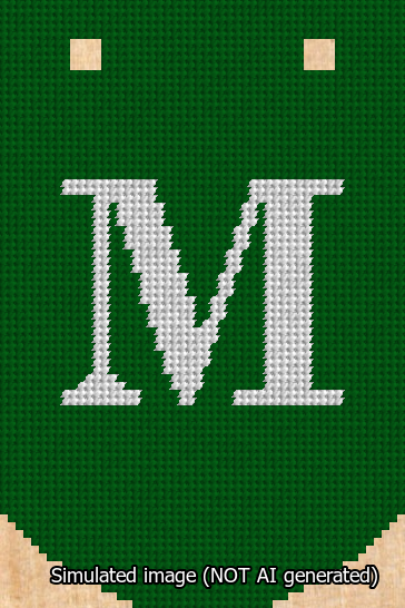 A simulated image of the stitched needlepoint design: Banner 13m Curved M White on Green. Not A.I. generated.