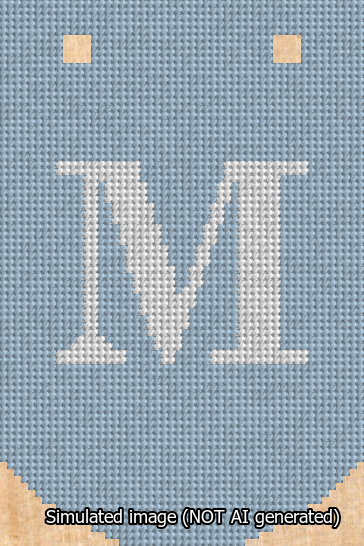 A simulated image of the stitched needlepoint design: Banner 13m Curved M White on Light Blue. Not A.I. generated.