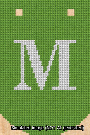 A simulated image of the stitched needlepoint design: Banner 13m Curved M White on Light Green. Not A.I. generated.