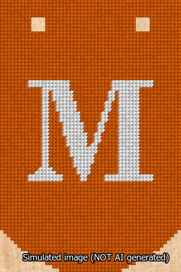 A simulated image of the stitched needlepoint design: Banner 13m Curved M White on Orange. Not A.I. generated.
