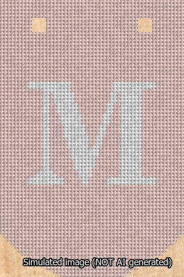 A simulated image of the stitched needlepoint design: Banner 13m Curved M White on Pink. Not A.I. generated.