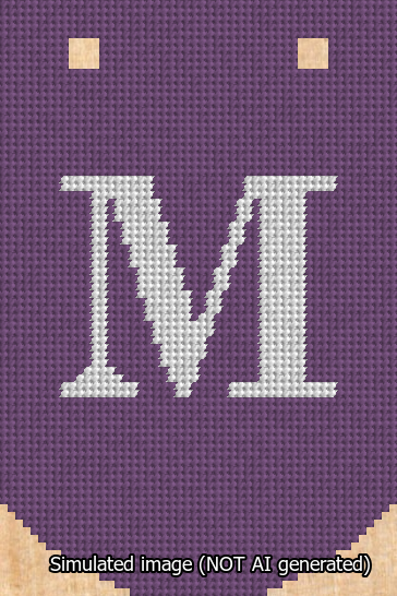 A simulated image of the stitched needlepoint design: Banner 13m Curved M White on Purple. Not A.I. generated.