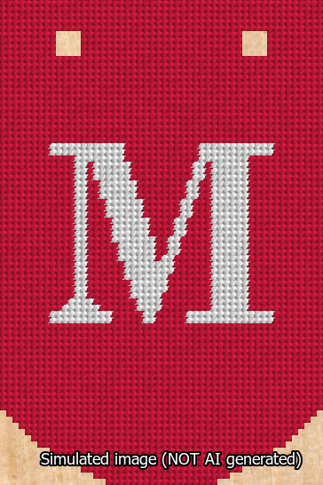 A simulated image of the stitched needlepoint design: Banner 13m Curved M White on Red. Not A.I. generated.