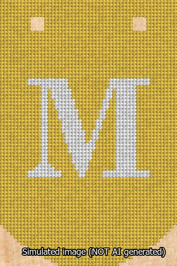 A simulated image of the stitched needlepoint design: Banner 13m Curved M White on Yellow. Not A.I. generated.