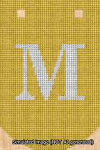 A simulated image of the stitched needlepoint design: Banner 13m Curved M White on Yellow. Not A.I. generated.