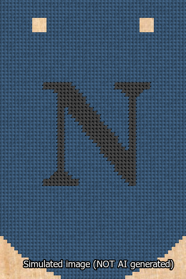 A simulated image of the stitched needlepoint design: Banner 13m Curved N Black on Blue. Not A.I. generated.