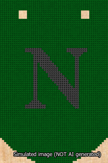 A simulated image of the stitched needlepoint design: Banner 13m Curved N Black on Green. Not A.I. generated.