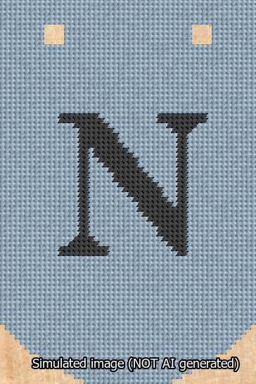 A simulated image of the stitched needlepoint design: Banner 13m Curved N Black on Light Blue. Not A.I. generated.