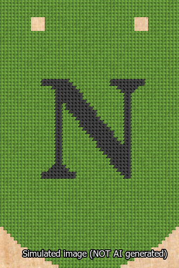 A simulated image of the stitched needlepoint design: Banner 13m Curved N Black on Light Green. Not A.I. generated.