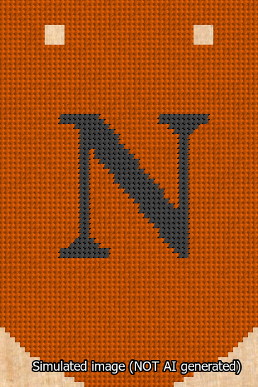 A simulated image of the stitched needlepoint design: Banner 13m Curved N Black on Orange. Not A.I. generated.