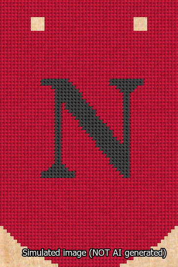 A simulated image of the stitched needlepoint design: Banner 13m Curved N Black on Red. Not A.I. generated.