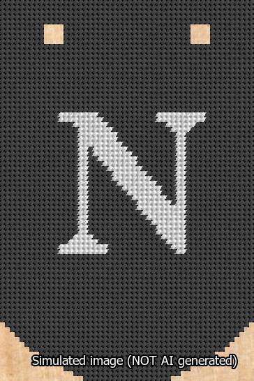 A simulated image of the stitched needlepoint design: Banner 13m Curved N White on Black. Not A.I. generated.